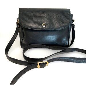Vintage Etienne Aigner Black Leather Crossbody Bag Purse Embossed Flap Luxury